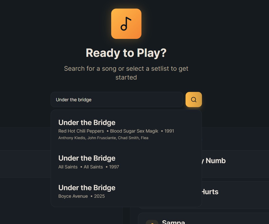 ChordPrompter Search Songs screen