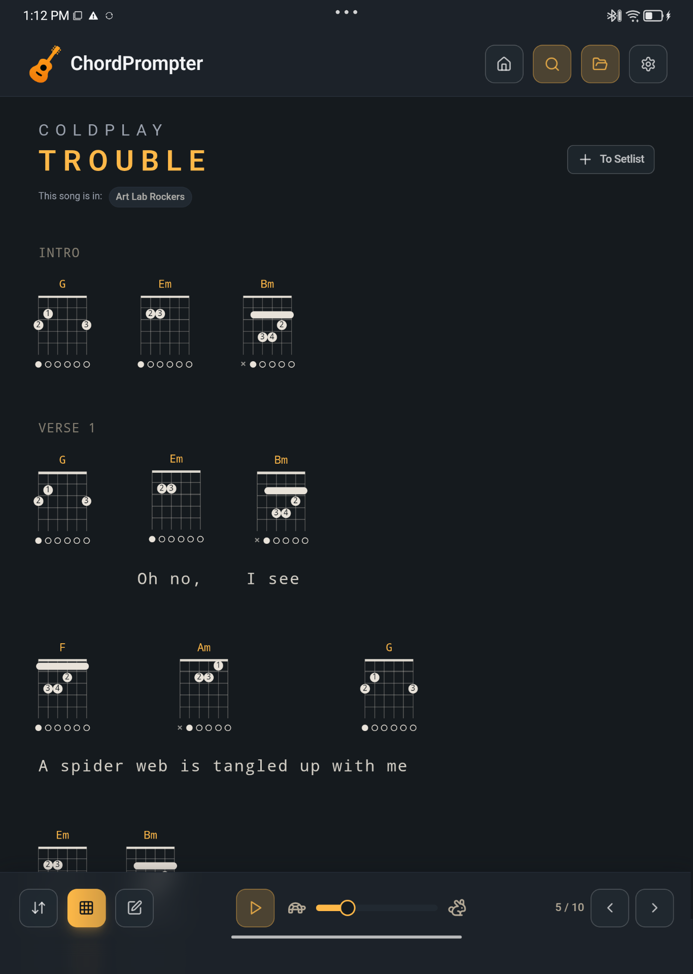 ChordPrompter live performance view with chords and lyrics