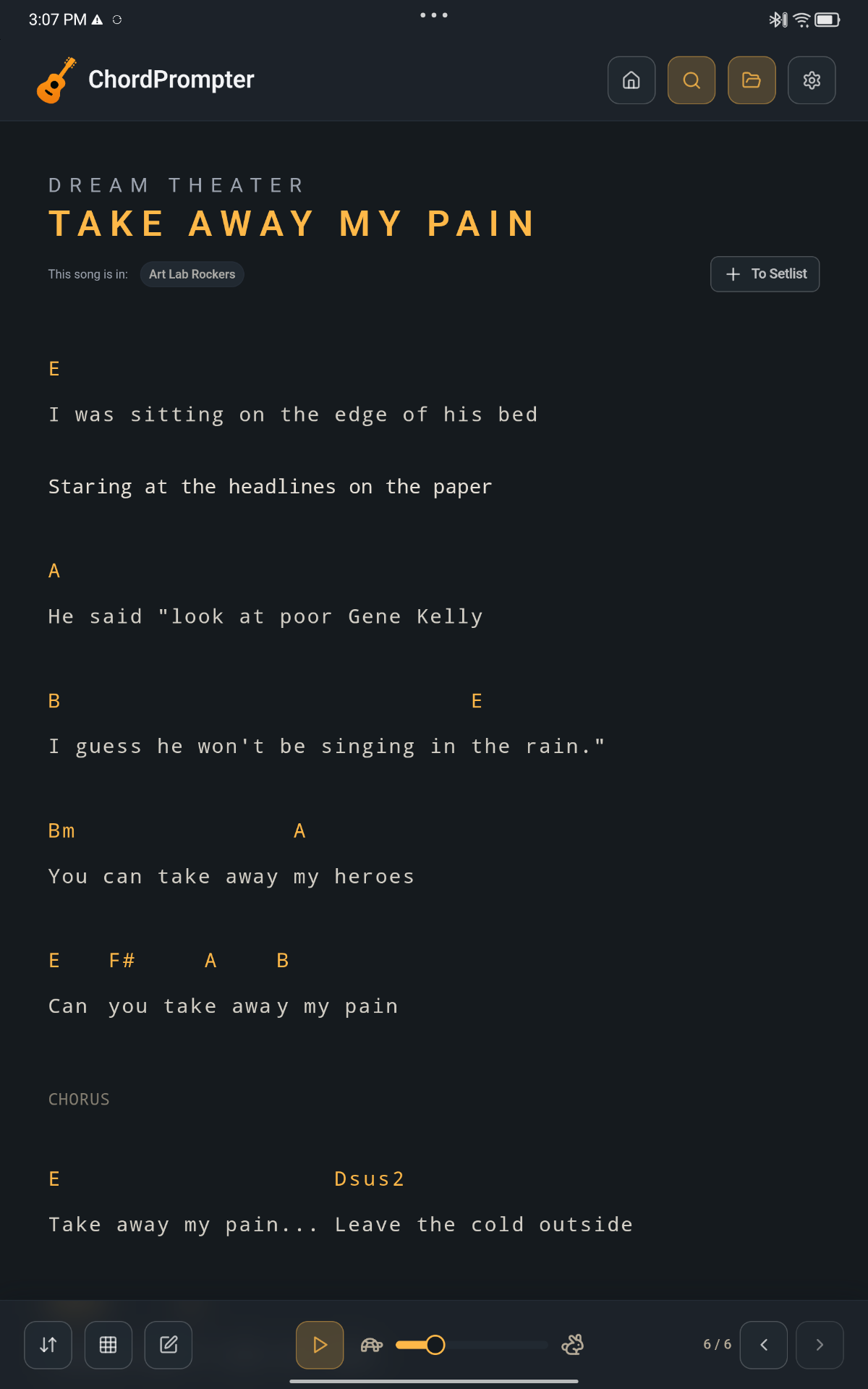 ChordPrompter text-based display showing lyrics and chords in ChordPro format